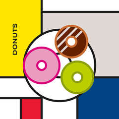 Three  multicolor glazed and decorated donuts on a plate. Modern style art with rectangular colour blocks. Piet Mondrian style pattern.
