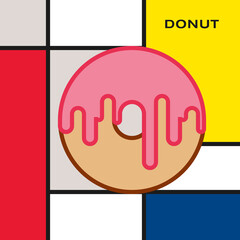 Donut with dripping glaze. Modern style art with rectangular colour blocks. Piet Mondrian style pattern.