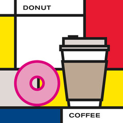 Pink glazed donut with disposable cup coffee. Modern style art with rectangular colour blocks. Piet Mondrian style pattern.