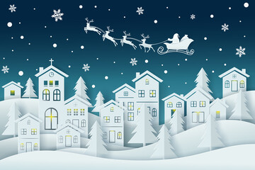 City Village with Snow and Santa driving his sleigh on the sky in the winter season. Happy New Year and Merry Christmas concerpt.
