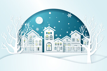 Christmas day and City Village with snow in the winter season. Background of landscape paper art style.