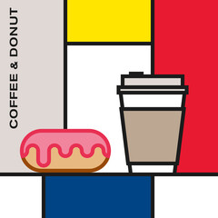 Dripping glaze donut with disposable cup coffee. Modern style art with rectangular colour blocks. Piet Mondrian style pattern.