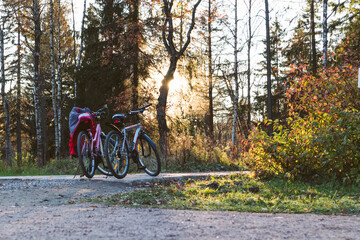 Two bike on the lawn trip walk tourism vacation in nature sport activity freedom
