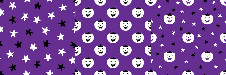 Set of patterns with funny pumpkins and stars on violet. Halloween vector illustration for decoration of backgrounds, leaflets, cards, wallpaper, textiles, fabrics, prints, wrappers, packings, gifts.