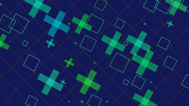 Animation of various geometrical shapes with several transitions, transformations and rotations in space during time sequence.