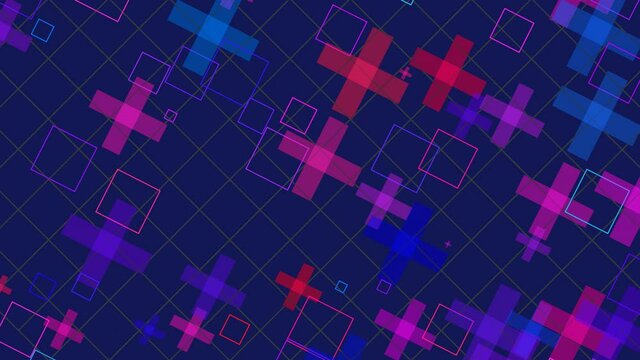 Animation of various geometrical shapes with several transitions, transformations and rotations in space during time sequence.