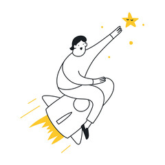 Businessman on a rocket trying to touch the stars. Achieve the goal, ambition task, trend, successful boost and leadership. Outline isolated vector illustration on white