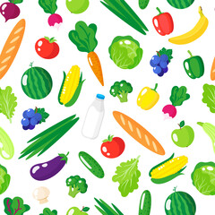 Vector cartoon seamless pattern with fresh healthy organic food, vegetables and fruits isolated on white background.