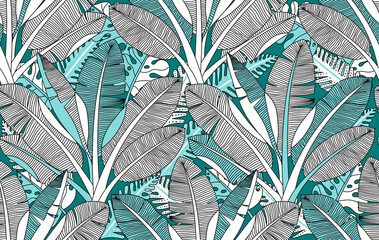 Exotic jungle plants and palm trees, leaves seamless pattern. Bananas tree vector vintage botanical illustration. Tropical rainforest colouring zentangle art.