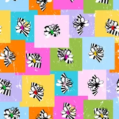 Fototapeten seamless pattern background, retro/vintage style, with flowers, squares, paint strokes and splashes © Kirsten Hinte