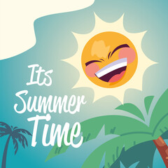 summer vacation travel, happy sun cartoon palms