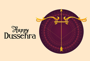 gold bow with arrow in front of purple mandala ornament of happy dussehra vector design