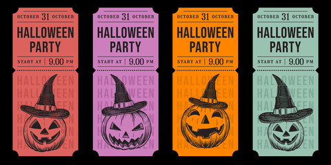 Halloween ticket colorful retro vintage vector set. vertical