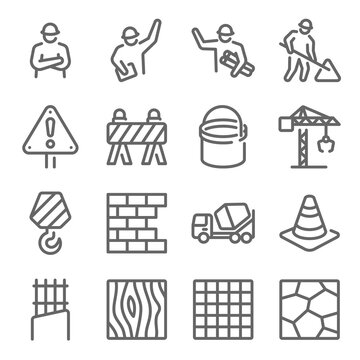 Construction icon illustration vector set. Contains such icon as Engineer, Wood, floor material, technician, funnel, Brick, and more. Expanded Stroke