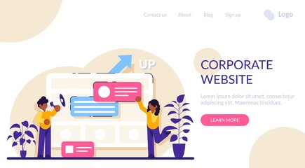 Corporate website concept. Official company website. Business online representation. Corporate vision page. Web development. Graphic design service. Modern flat illustration.