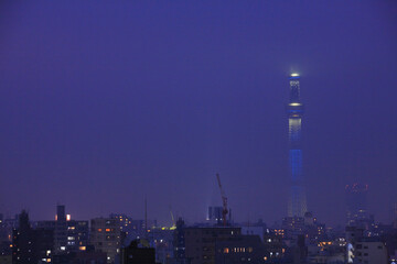 雨に煙るスカイツリー夜景