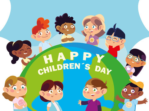 childrens day, greetig card with happy kids and world