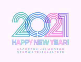 Vector creative wishing card Happy New Year 2021! Colorful maze Font. Bright abstract Alphabet Letters and Numbers set
