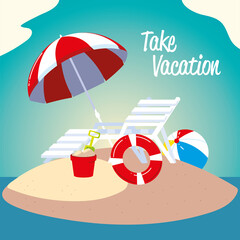 summer vacation travel, deck chair lifebuoy ball and umbrella beach
