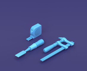 Isometric table clamp, table measure and wood chisel on blue background, single color workshop tool, 3d rendering