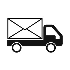 Black Post truck icon isolated on white background. Mail car. Vehicle truck transport with envelope. Vector Illustration.