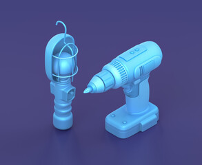 Isometric shop light and charged wireless power drill  on blue background, single color workshop tool, 3d rendering