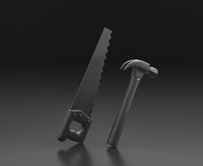 Dark gray hammer and back saw on black background, single color workshop tool, 3d rendering