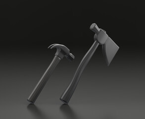 Dark gray hetchet and hammer on black background, single color workshop tool, 3d rendering