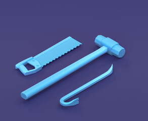 Isometric sledge hammer, crowbar and back saw on blue background, single color workshop tool, 3d rendering