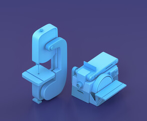 Isometric belt sander and bandsaw  on blue background, single color workshop tool, 3d rendering