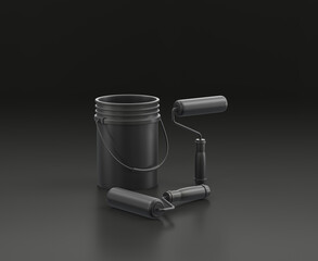 Dark gray paint bucket with paint roller on black background, single color workshop tool, 3d rendering