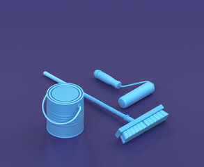 Isometric paint bucket, broom and paint roller   on blue background, single color workshop tool, 3d rendering