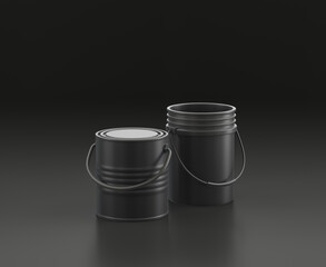 Dark gray paint and cleaning buckets on black background, single color workshop tool, 3d rendering