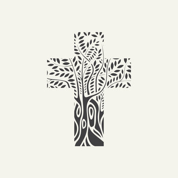Flat design of a black Christian cross in the form of a tree on a light background. Decorative tree in the shape of a cross. Vector illustration, religious symbol, icon, logo, emblem, design element.