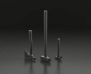 Dark gray hammer, sledge hammer and hatched on black background, single color workshop tool, 3d rendering