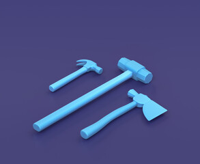 Isometric hammer, sledge hammer and hatched on blue background, single color workshop tool, 3d rendering