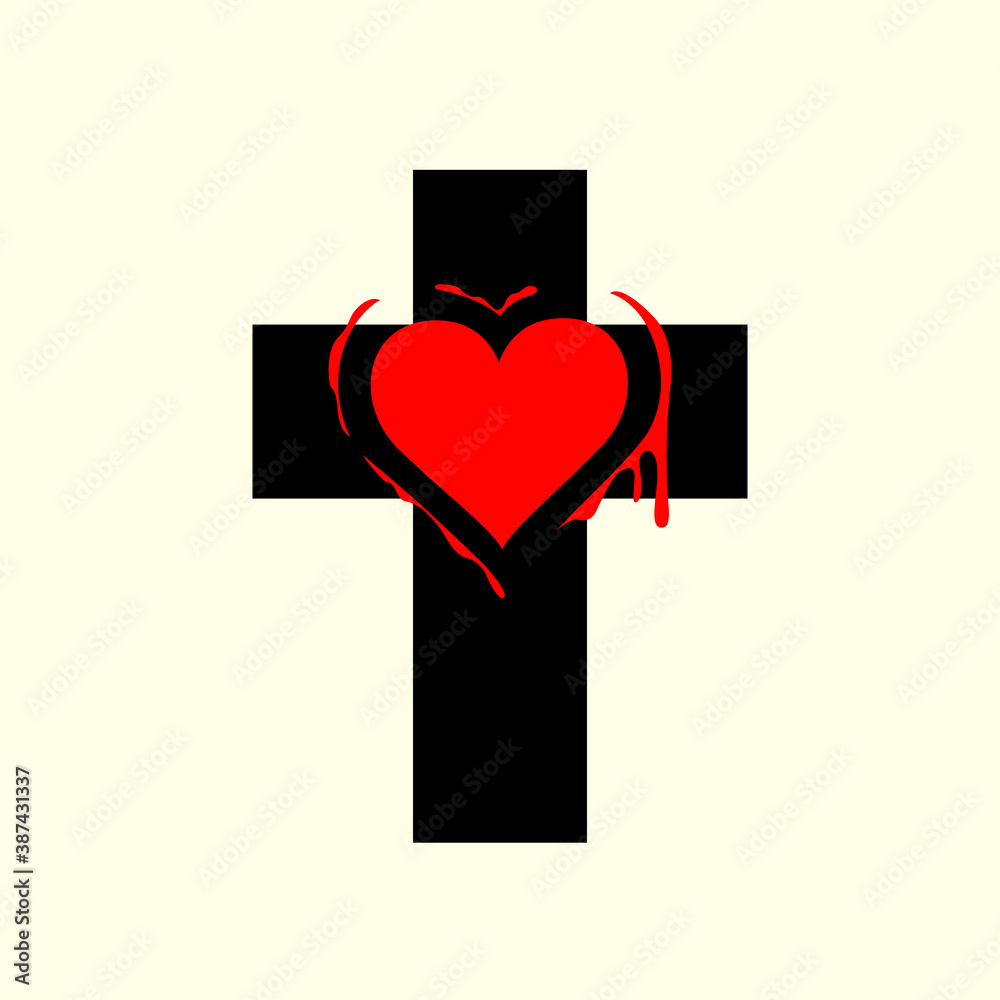 Wall mural sign of the black christian cross with a red heart on a light background. creative vector illustrati