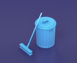 Isometric trash can with broom on blue background, single color workshop tool, 3d rendering