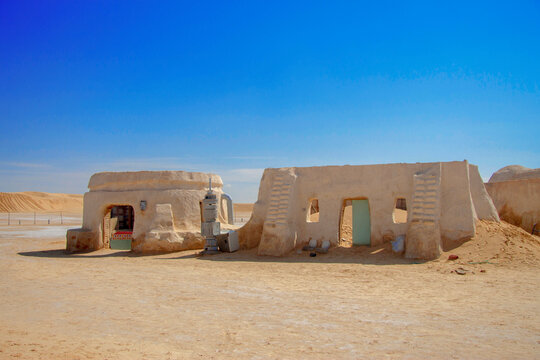 Decorations of movie Star Wars Episode First in Sahara desert, Tunisia
