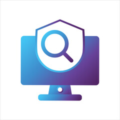 computer illustration. computer with shield and search symbol. Concept of safe computing. gradient style Vector illustration, vector icon concept.
