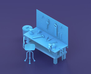 Isometric single color workshop with workbench in blue background, flat color work space, 3d rendering