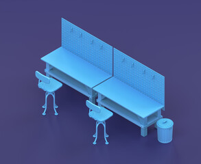 Isometric single color workshop with workbench in blue background, flat color work space, 3d rendering