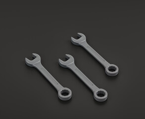 Dark gray wrench on black background, single color workshop tool, 3d rendering