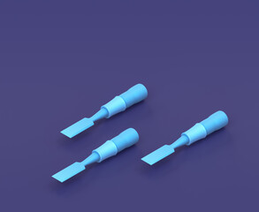 Isometric wood chisel on blue background, single color workshop tool, 3d rendering