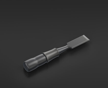 Dark gray wood chisel on black background, single color workshop tool, 3d rendering