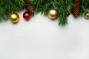Naklejka na ściany i meble Christmas tree branches and christmas toys on a wooden background copy space