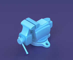 Isometric vice on blue background, single color workshop tool, 3d rendering