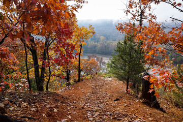 Cliff overlooking river in fall, autumn leaves