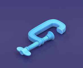 Isometric small clamp on blue background, single color workshop tool, 3d rendering