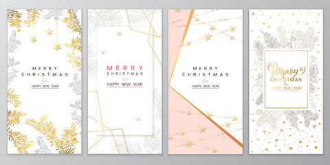 Christmas Poster set of Christmas Background with golden branches of christmas tree.